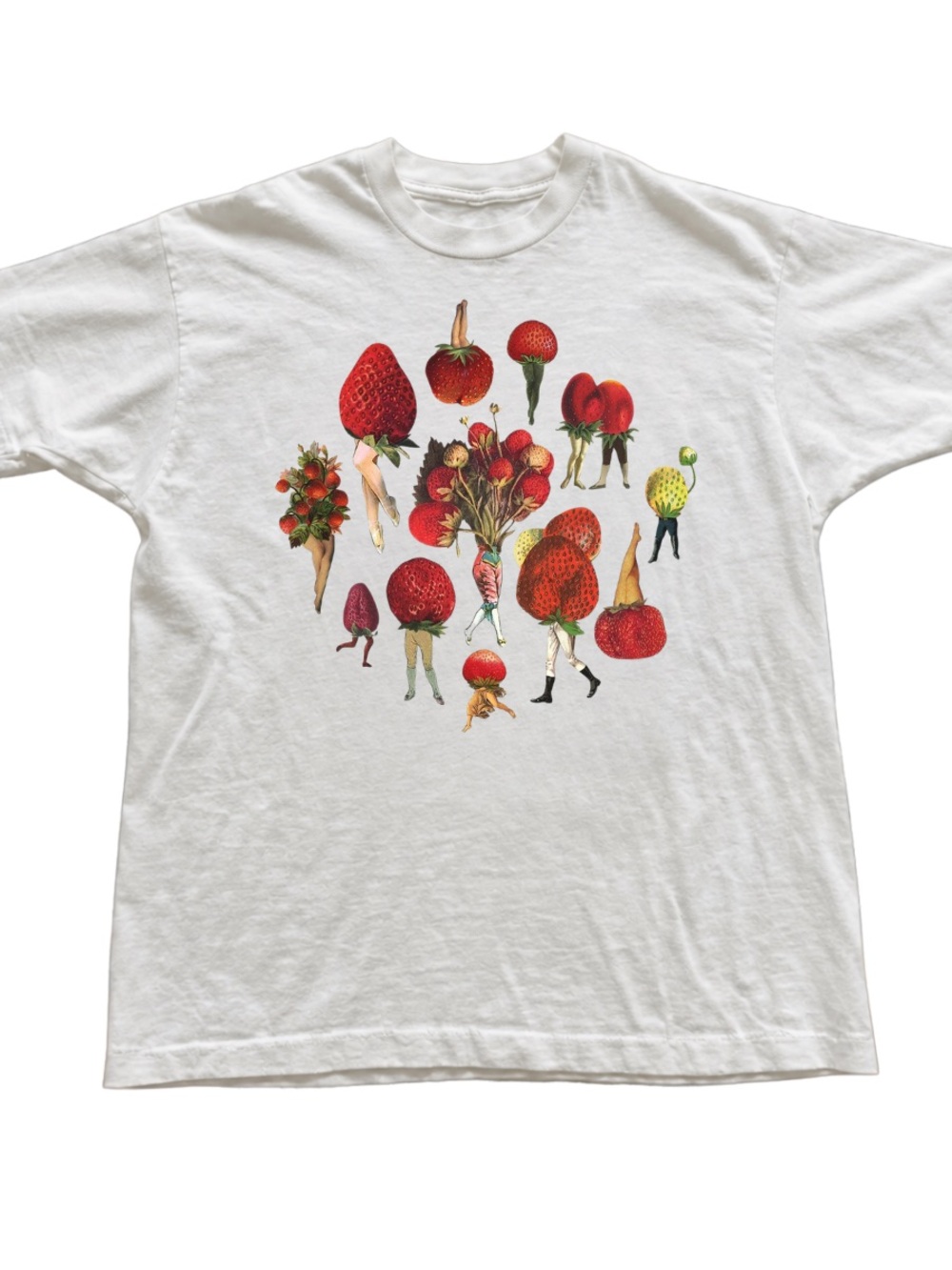 White Tee with Red Strawberry Collage Graphic